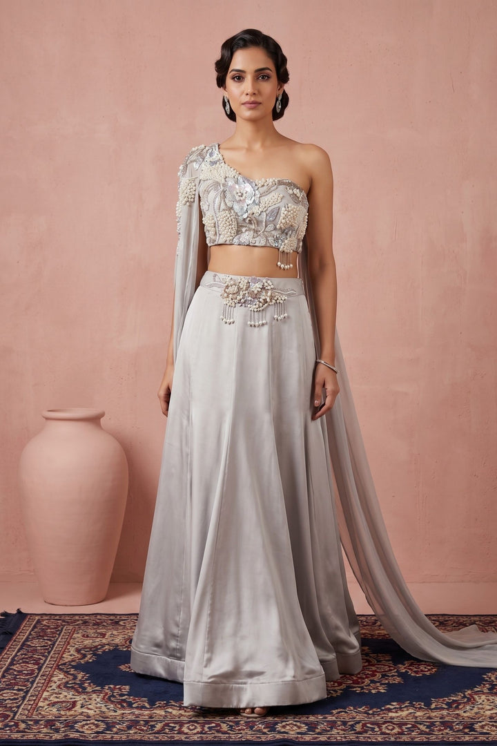 Grey Pearls, Sequins and Beads work Indo-Western Styled Lehenga