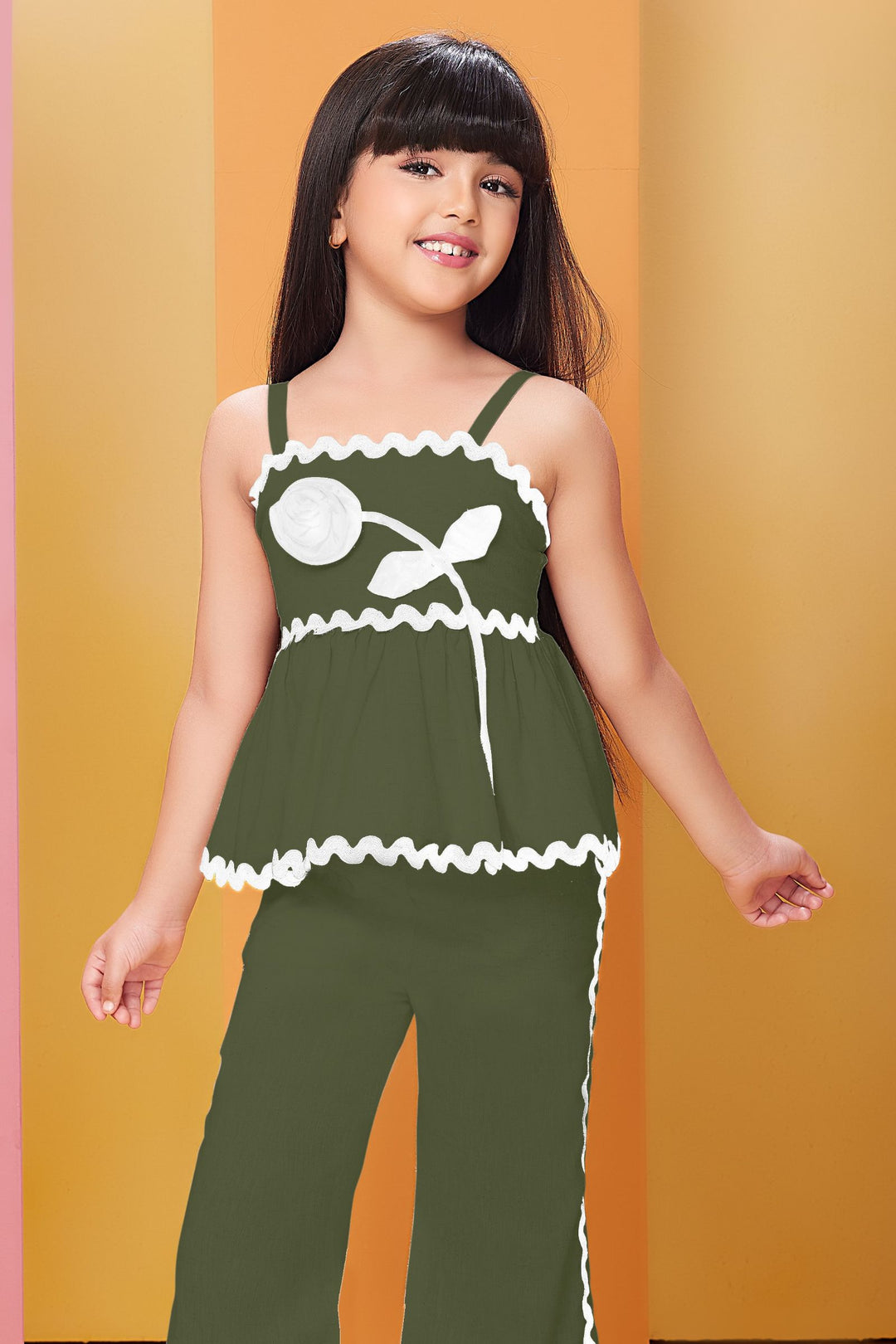 Bottle Green Lace work Top with Palazzo Set for Girls
