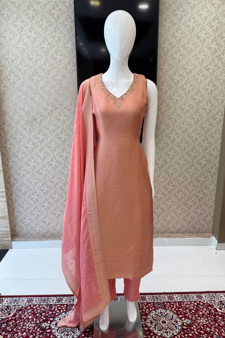 Peach Zardozi, Sequins, Stone, Zari, Banaras and Beads work Straight Cut Salwar Suit