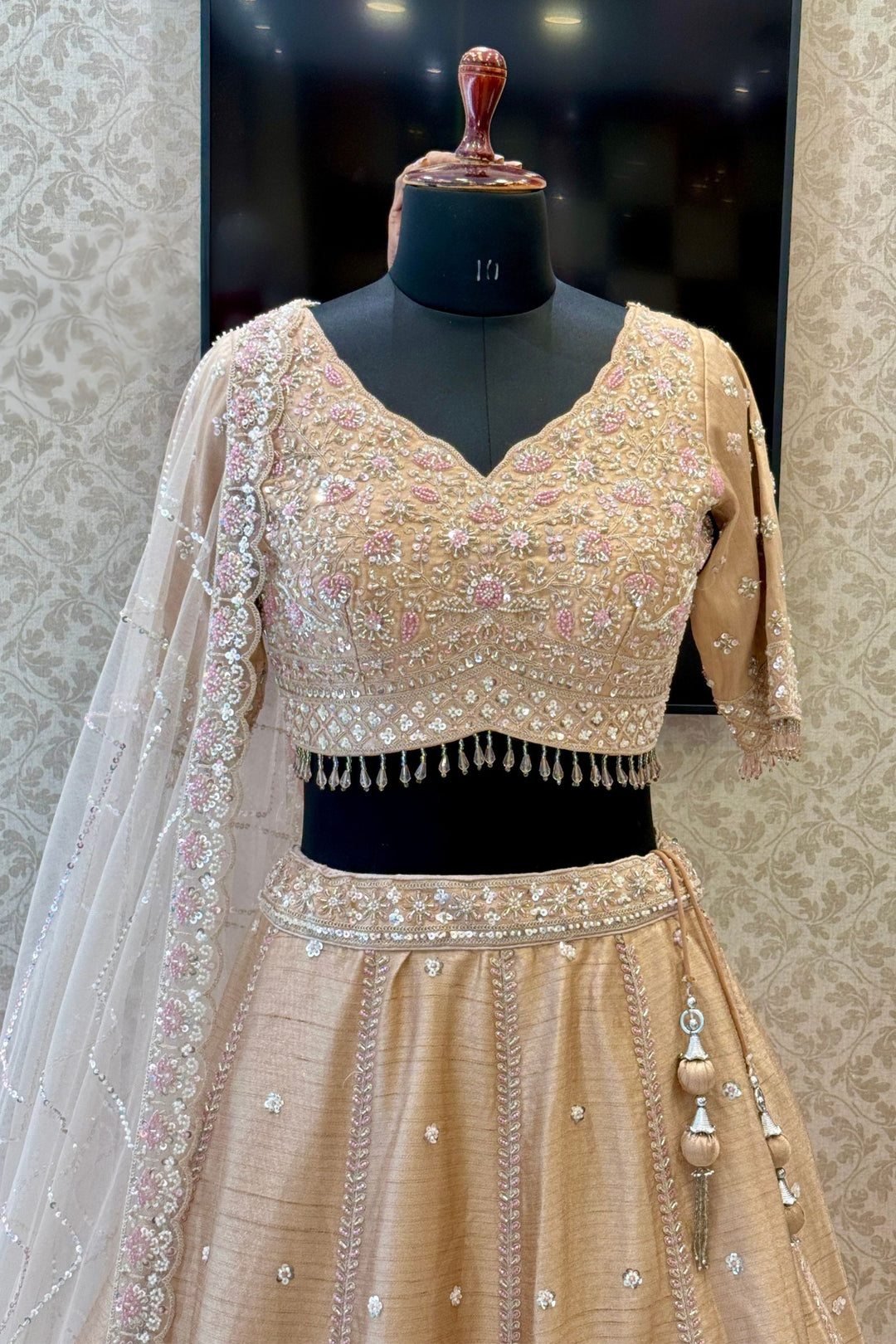 Fawn Designer Bridal Lehenga Intricate Zari, Sequins and Beads work