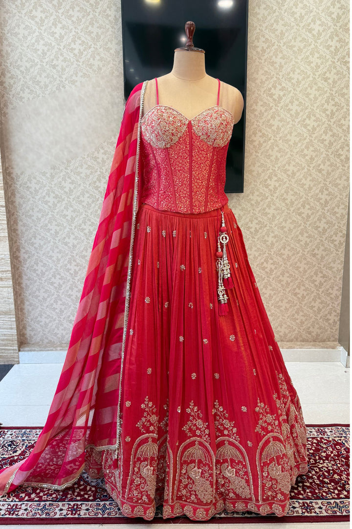 Rani Pink Brocade, Beads, Zardozi and Sequins work Corset Top with Lehenga