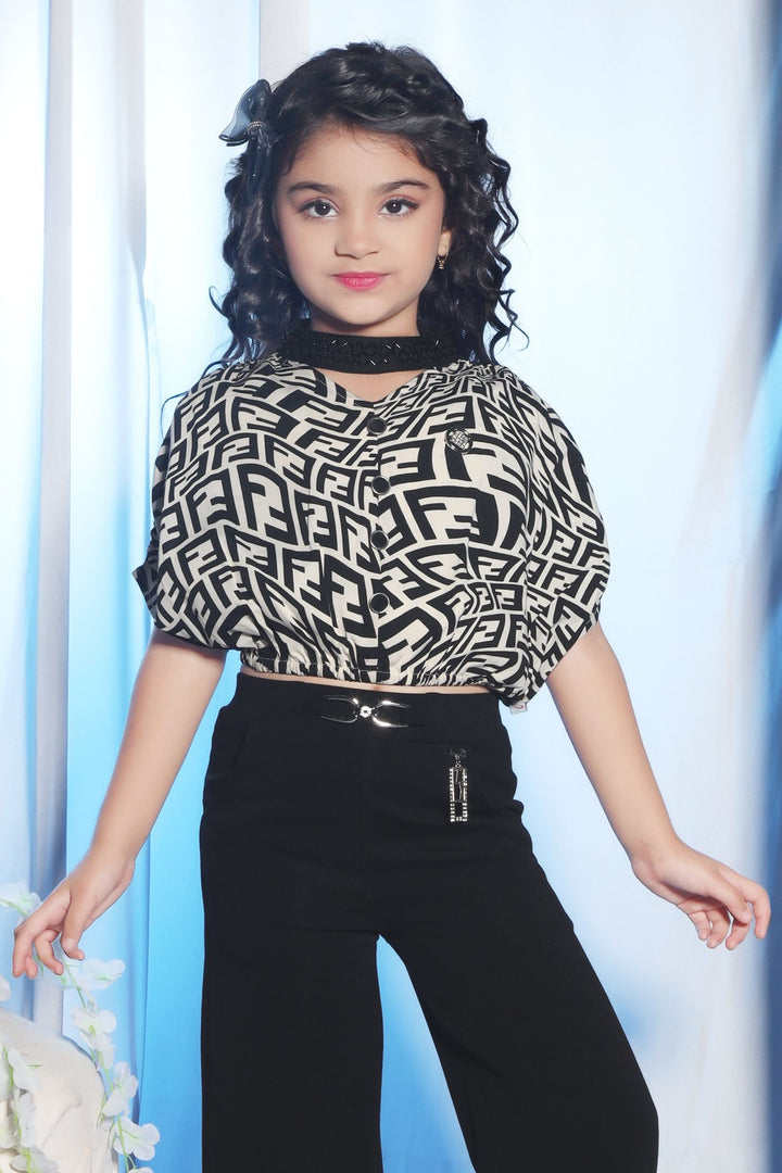 Black with Cream Printed Kaftan Top with Palazzo Pant for Girls