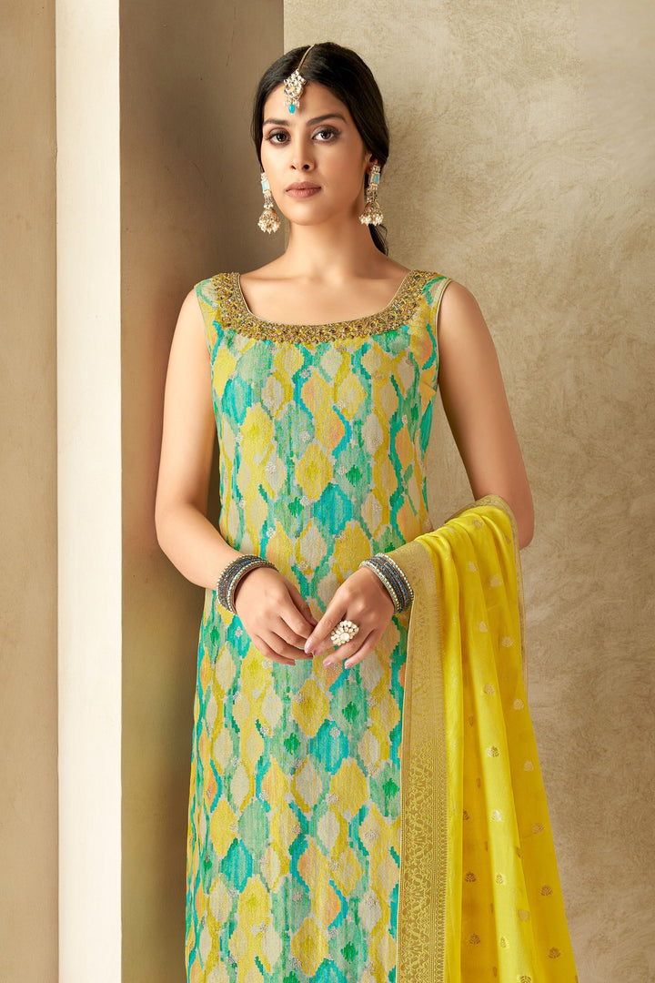 Multicolor Digital Print, Beads, Stone, Zari and Banaras work Straight Cut Salwar Suit