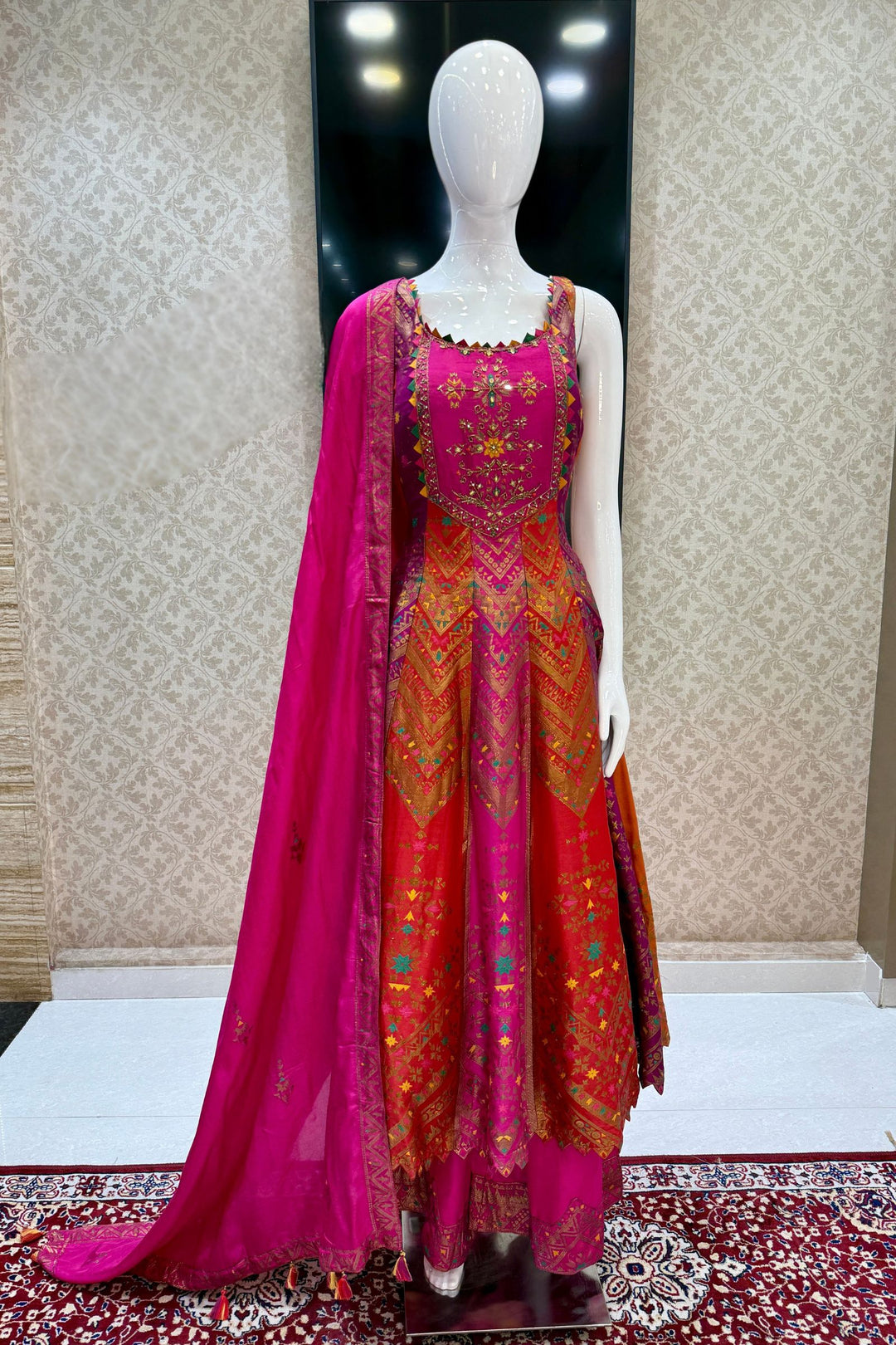Multicolor Banaras, Zardozi and Beads work Anarkali Style Salwar Suit with Palazzo Pant