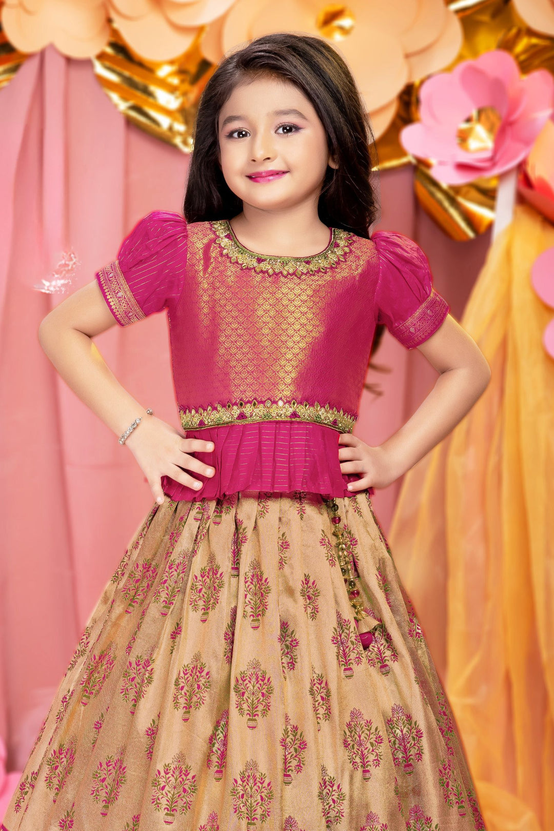 Rani Pink with Gold Zari, Mirror, Stone, Thread and Jacquard work Lehenga Choli for Girls