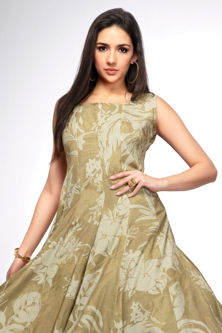 Olive Green with Digital Print Anarkali Styled Kurti