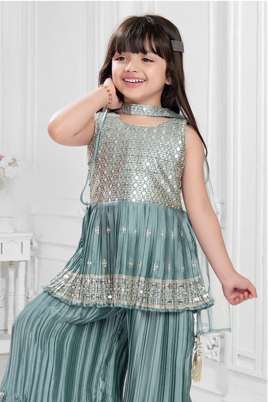 Pale Green Sequins and Zari work Peplum Top and Palazzo Set for Girls