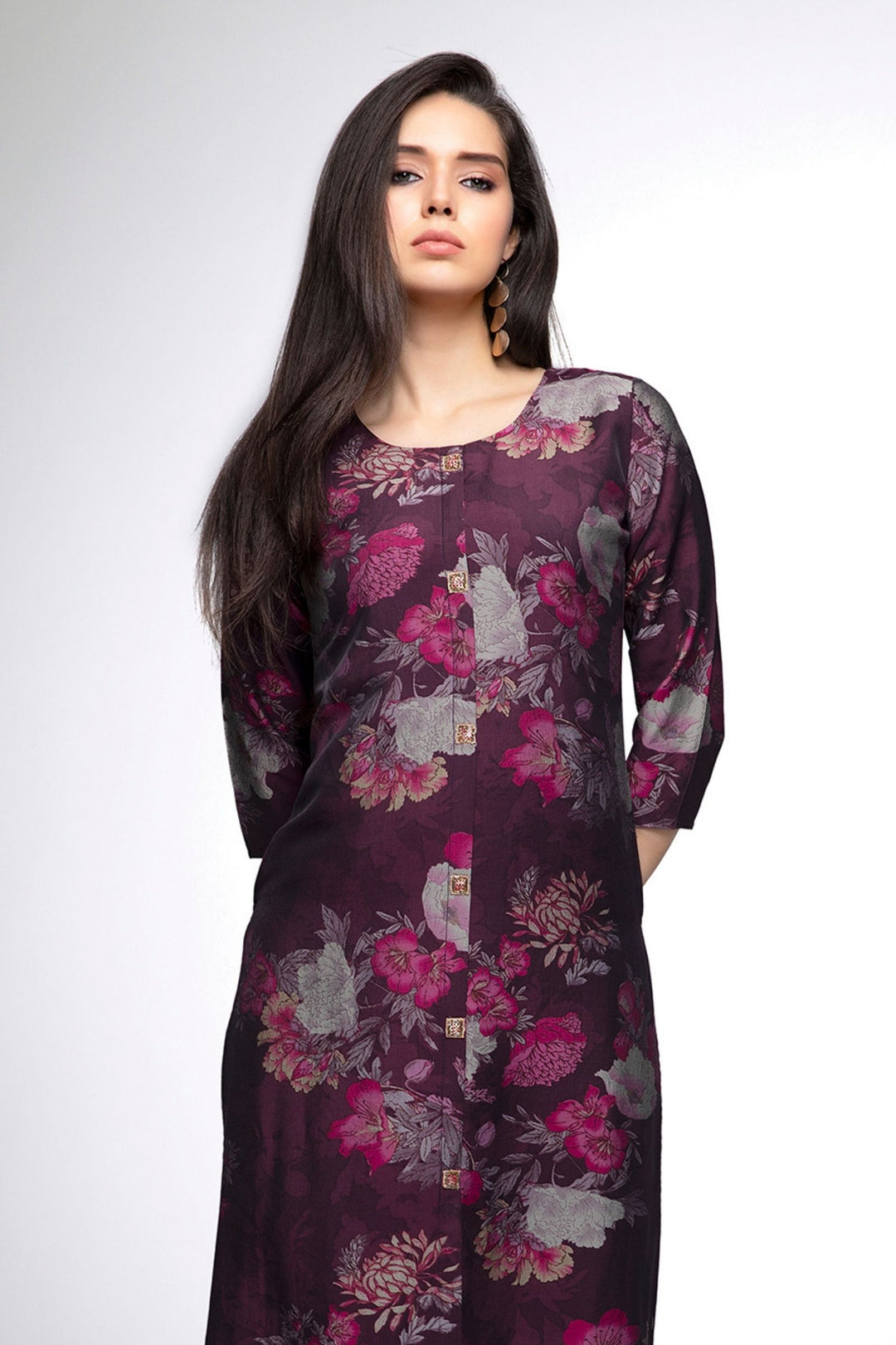 Wine Floral Print Calf Length Kurti