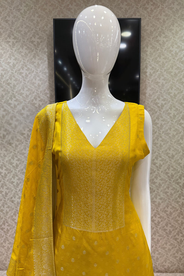 Yellow Banaras work V-Neck Straight Cut Salwar Suit