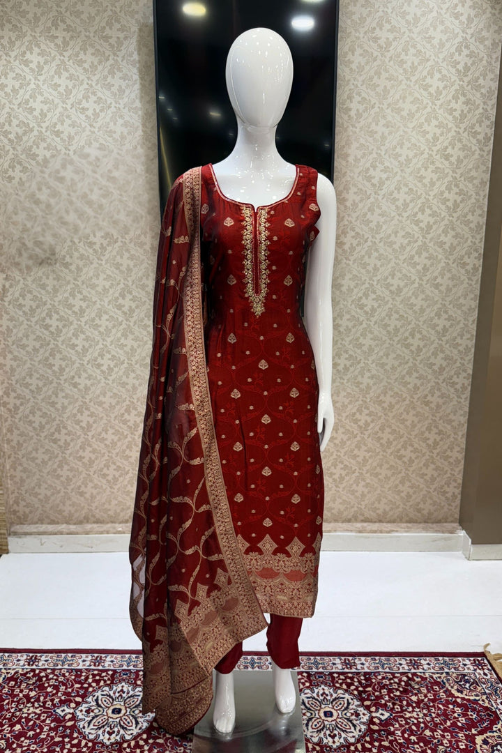 Maroon Zardozi, Sequins, Mirror, Stone, Brocade and Banaras work Straight Cut Salwar Suit