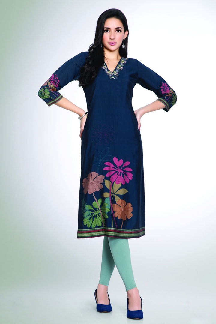 Peacock Blue Sequins and Beads work with Floral Print Calf Length Kurti
