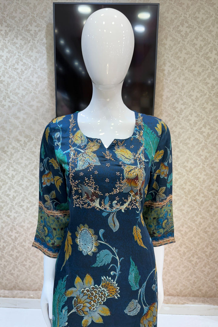 Peacock Blue Sequins, Zardozi and Beads work with Digital Print Straight Cut Salwar Suit