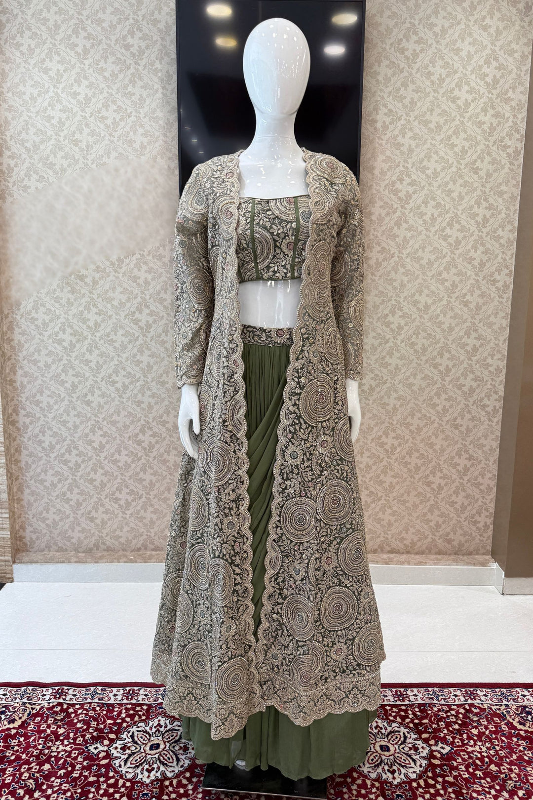 Olive Green Drape Style Lehenga with Sequins, Stone and Zari work Long Overcoat