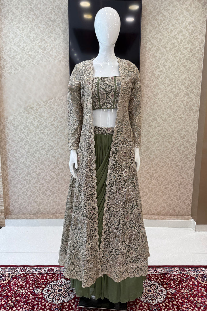 Olive Green Drape Style Lehenga with Sequins, Stone and Zari work Long Overcoat