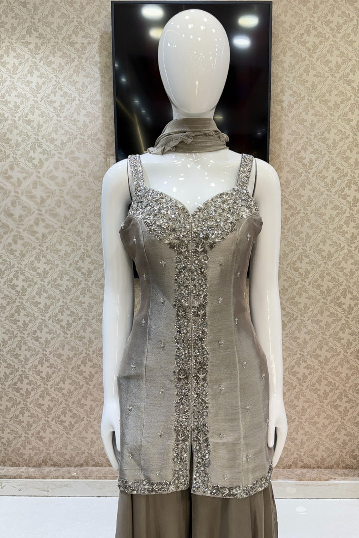 Grey Beads, Zardozi, Stone and Mirror work Palazzo Salwar Suit