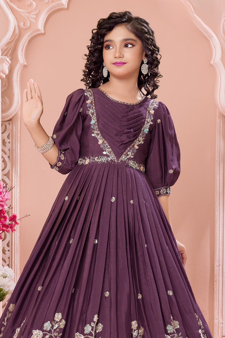 Purple Beads, Sequins, Zari, Mirror and Multicolor Thread work Long Party Gown for Girls