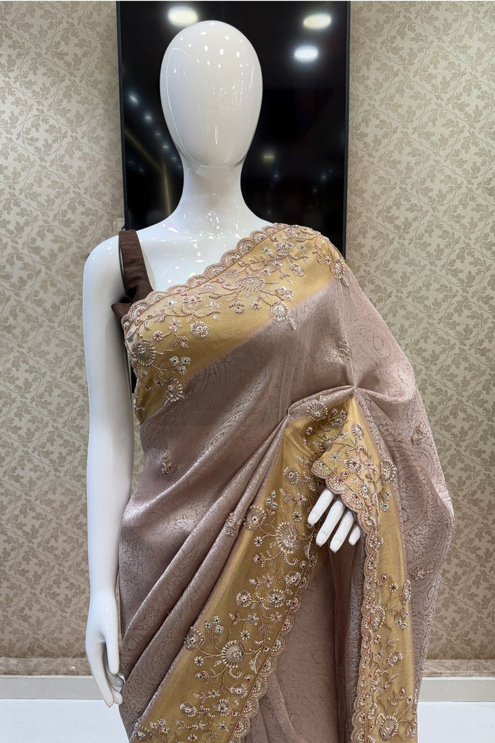 Onion Pink Banaras, Beads, Sequins and Zari work Saree
