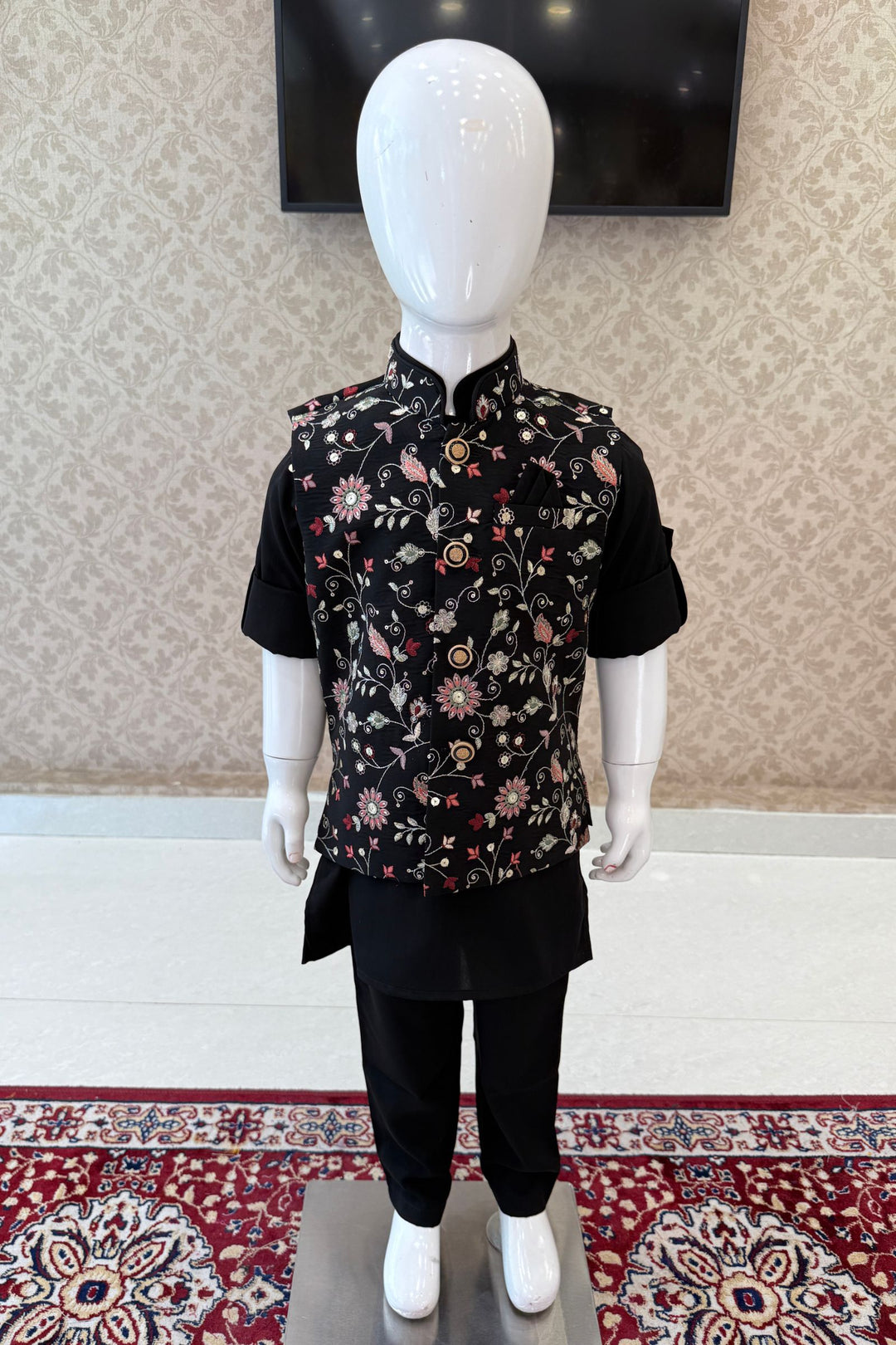 Black Zari, Sequins and Multicolor Thread work Waist Coat Kurta Set for Boys