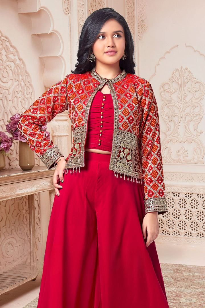 Red Sequins, Zari and Jacquard work with Bandini Print Jacket Styled Palazzo Set for Girls