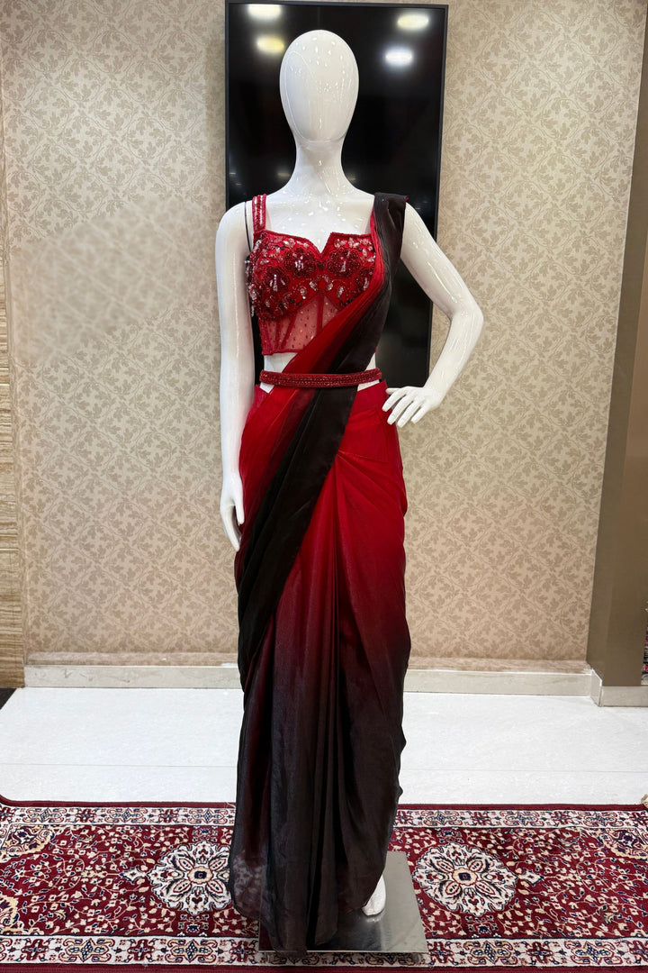 Red with Black Readymade Saree with Beads and Sequins work Readymade Blouse