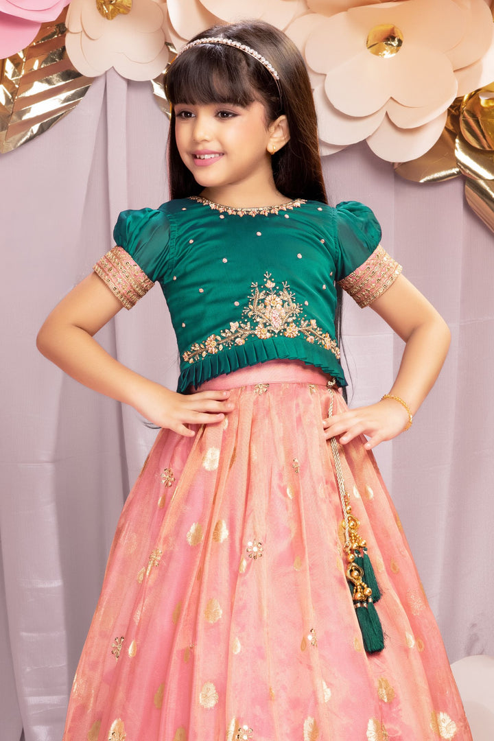 Green with Peach Stone, Zardozi, Sequins and Zari Weaving work Lehenga Choli for Girls