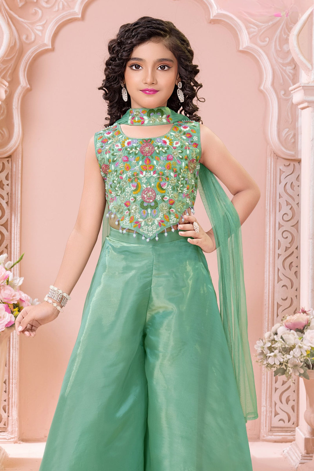 Sea Green Sequins, Beads and Multicolor Embroidery work Palazzo Suit Set for Girls