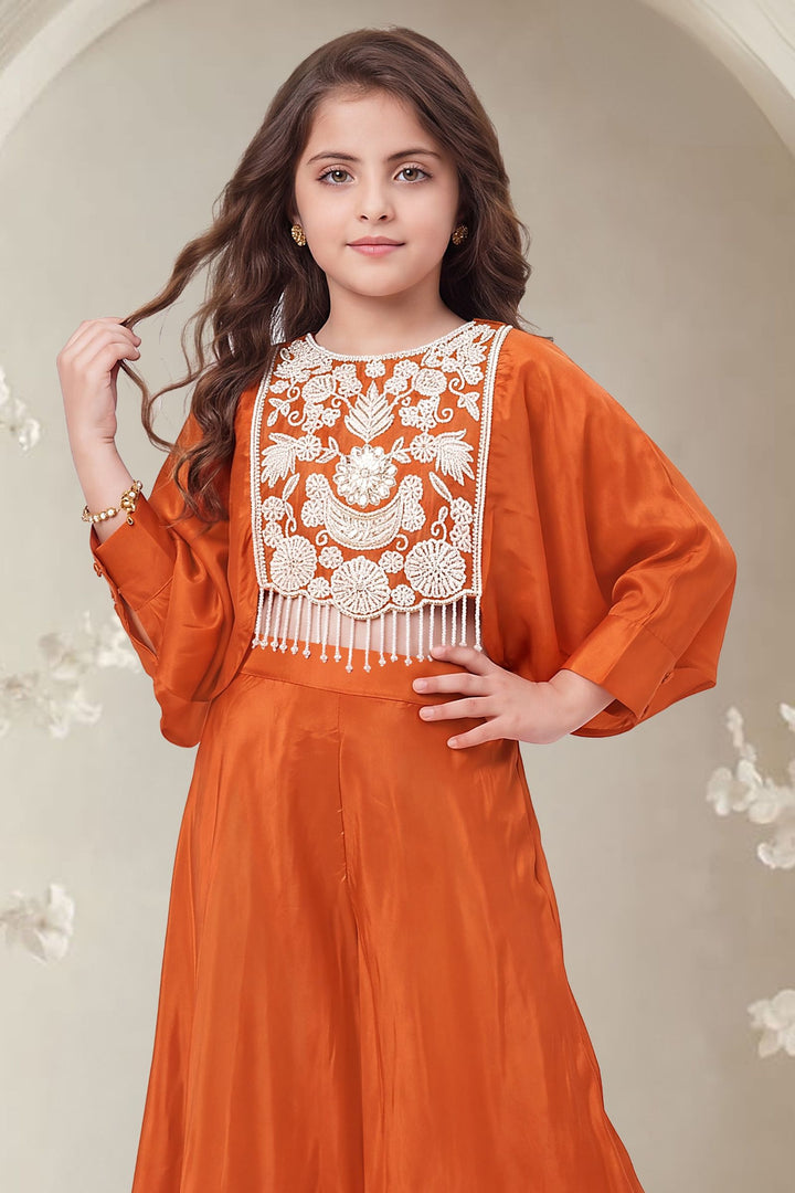 Orange Beads, Zari and Sequins work Kaftan Styled Palazzo Set For Girls