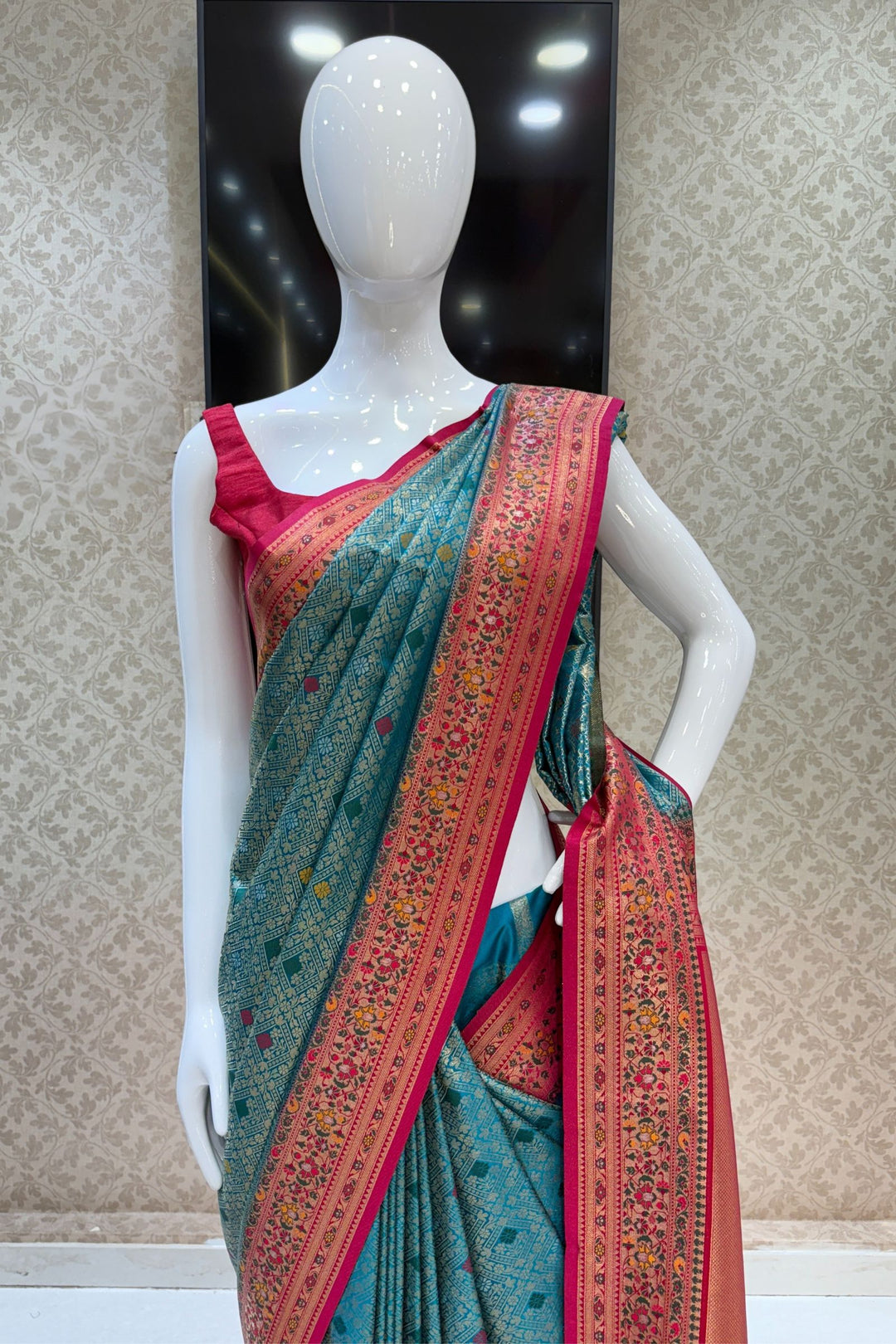 Rama Blue with Rani Pink Banaras work Saree