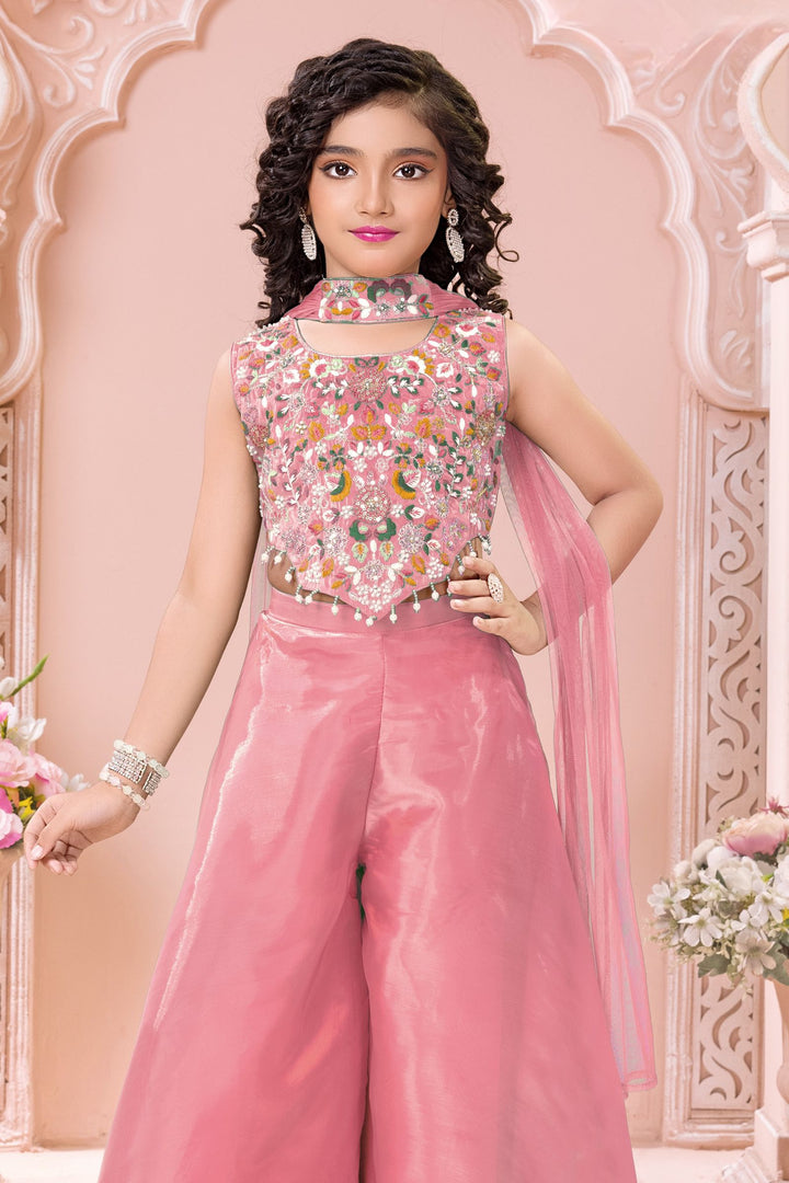 Pink Sequins, Beads and Multicolor Embroidery work Palazzo Suit Set for Girls