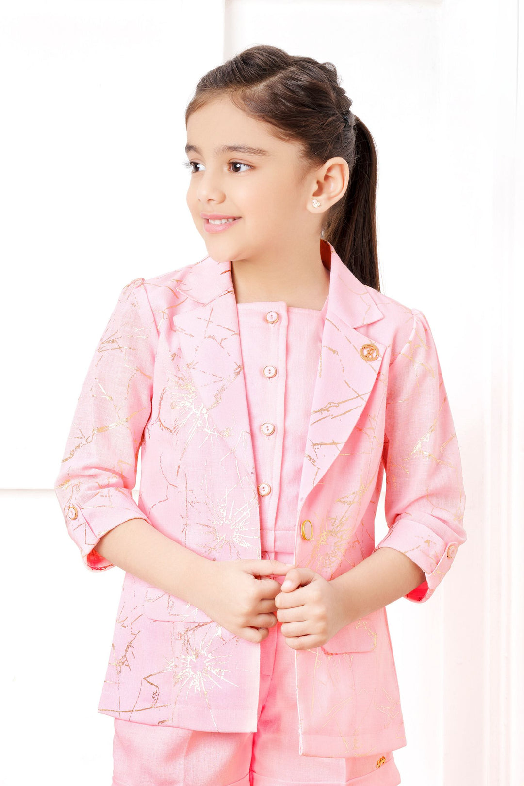 Baby Pink Overcoat Styled with Shorts Co-ord Set for Girls