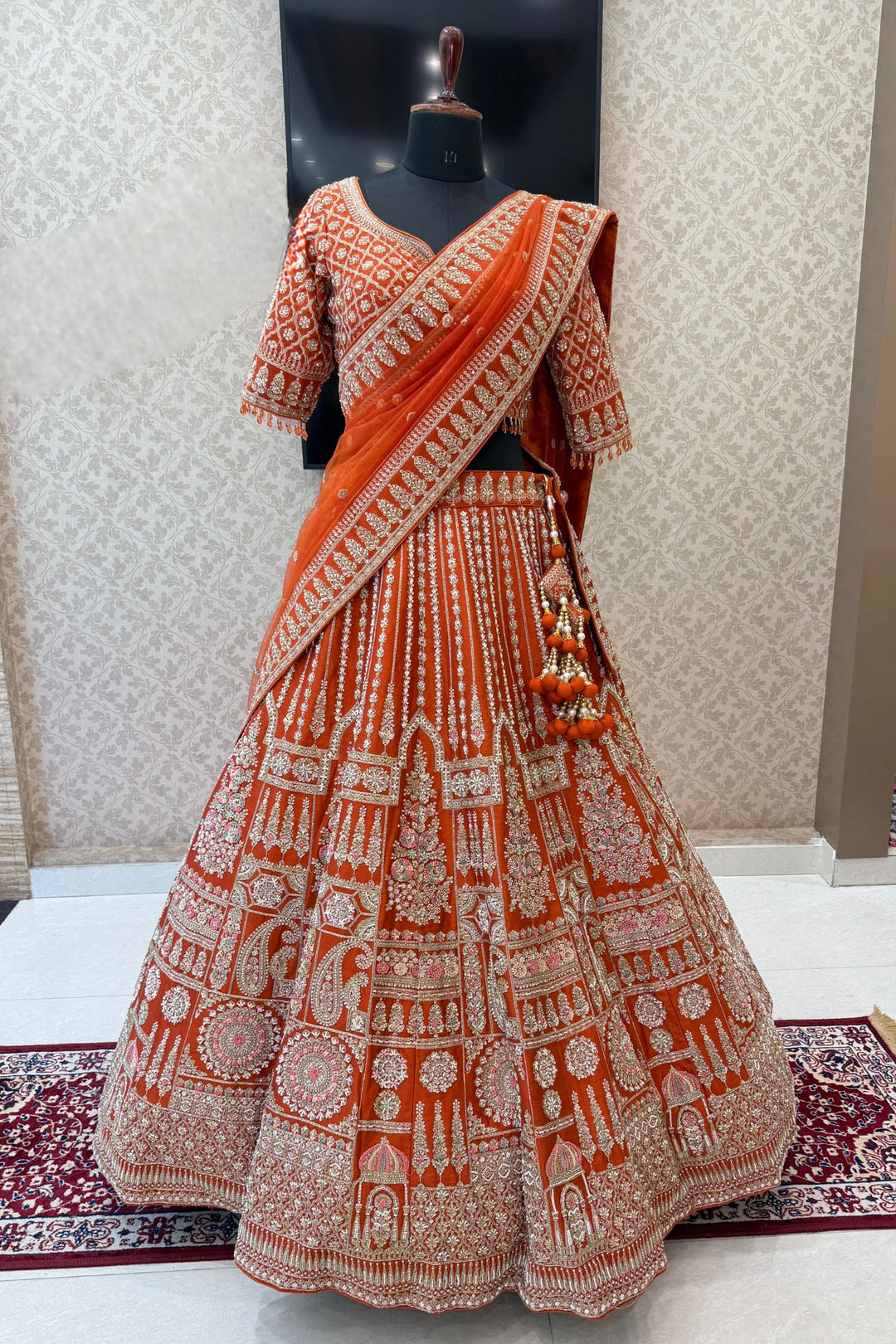 Rust Handworked Zardozi, Sequins, Pearl and Beads work Crop Top Designer Bridal Lehenga