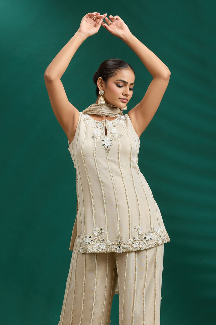 Beige Palazzo Set Featuring All-Over Pearl, Beads, Sequins and Mirror