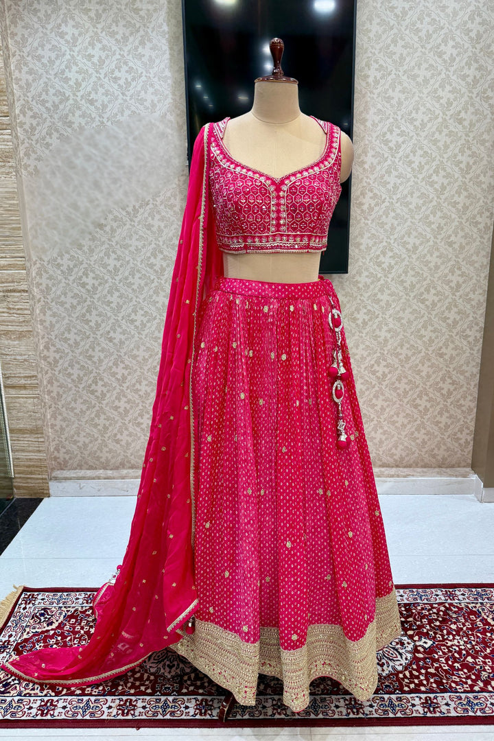 Rani Pink Mirror, Stone, Zardozi and Sequins work with Bandini Print Crop Top Lehenga