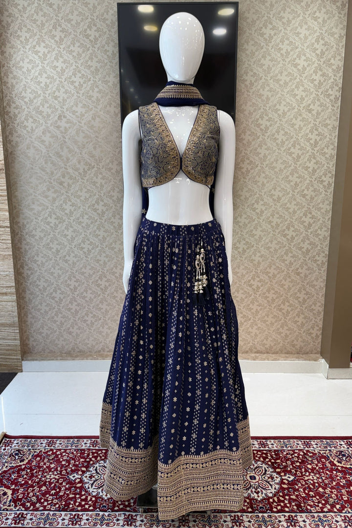 Royal Blue Brocade, Beads, Zari, Zardozi and Sequins work Crop Top Lehenga
