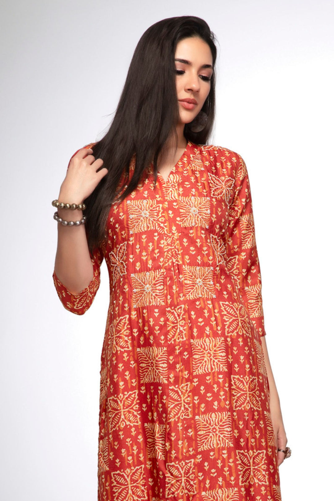 Rust Beads and Sequins work with Digital Print Calf Length Kurti