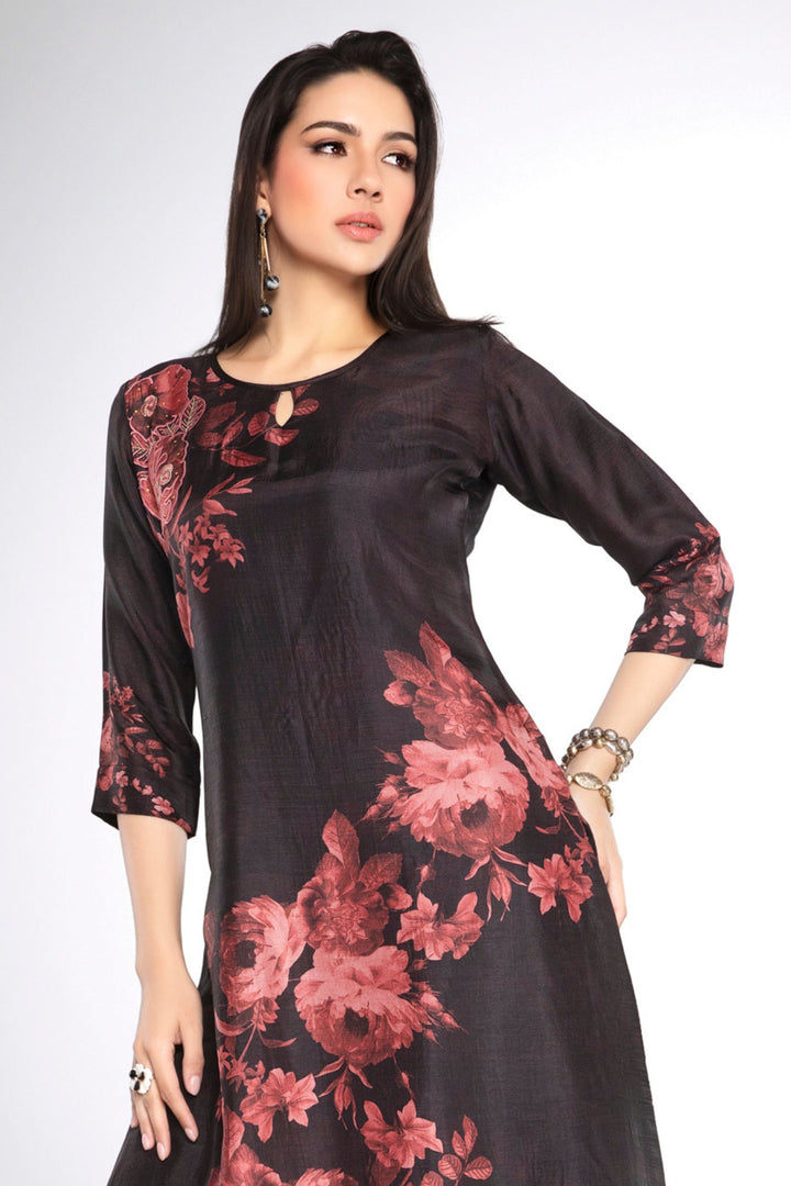 Black Stone, Mirror and Zari work with Floral Print A-line Cut Calf Length Kurti