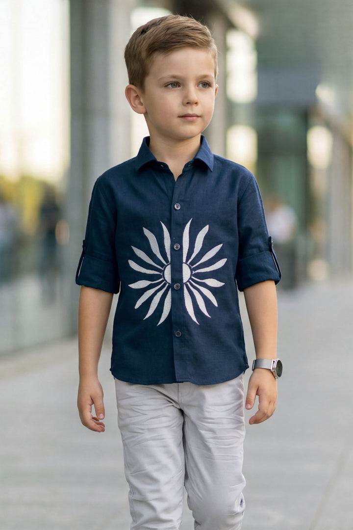 Navy Blue Thread work Shirt and Grey Pant Set for Boys