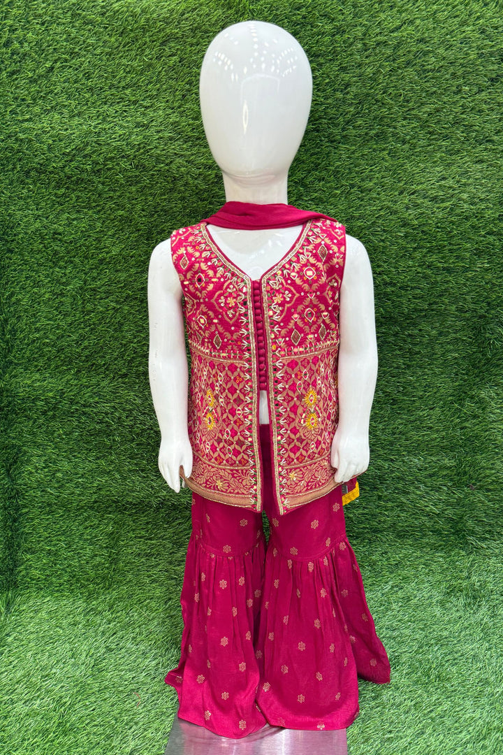 Dark Pink Zari, Mirror, Sequins and Beads work Sharara Suit Set for Girls