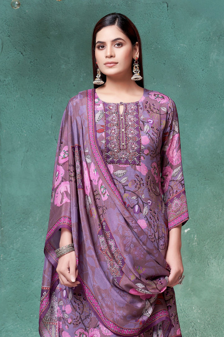 Purple Beads work with Floral Print Straight Cut Salwar Suit