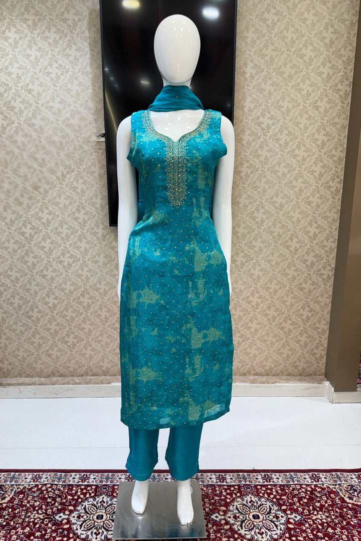 Rama Blue Stone, Zari, Beads, Zardozi and Mirror work Straight Cut Salwar Suit