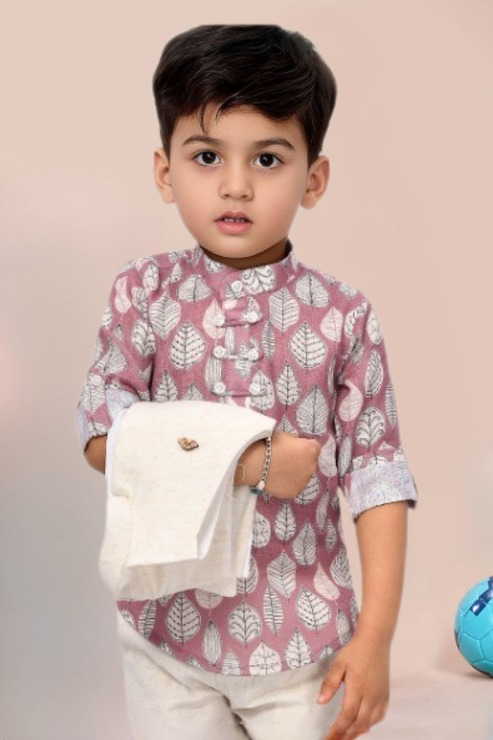 Onion Pink Printed Kurta with Half White Waistcoat for Boys