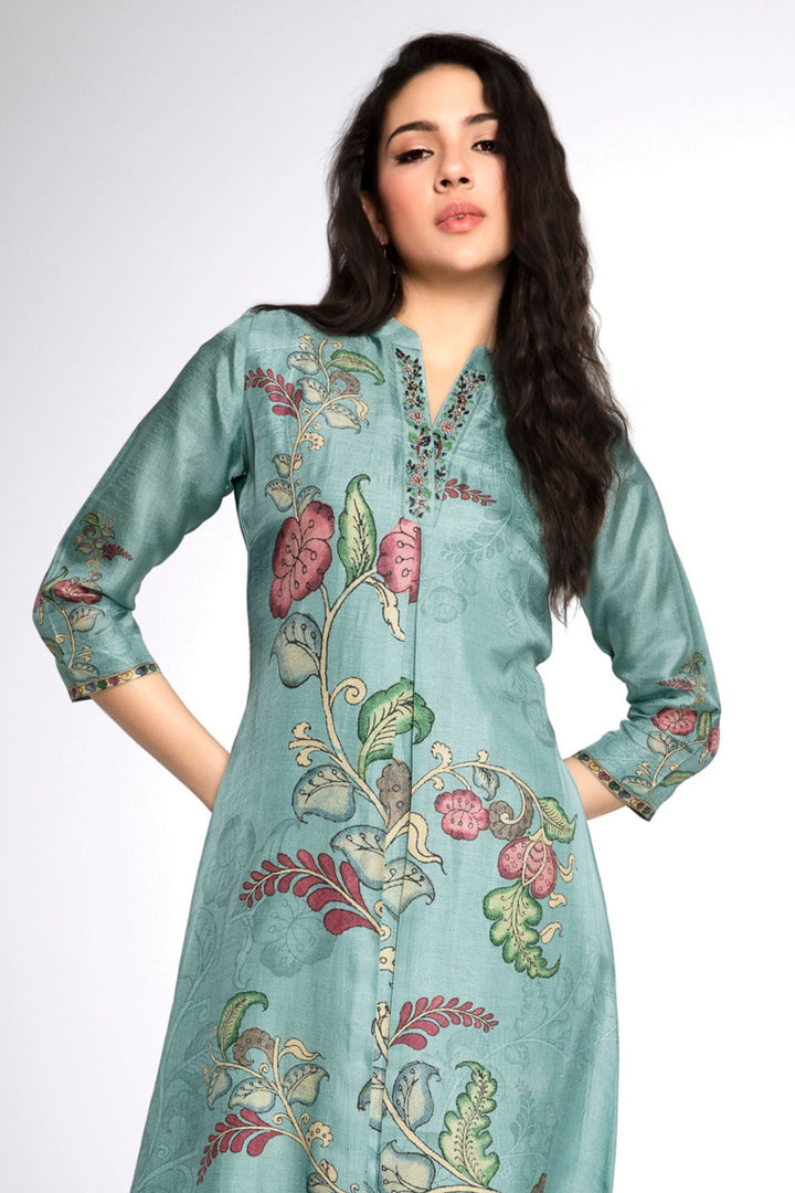 Sea Green Zardozi, Beads and Stone work with Floral Print A-line Cut Calf Length Kurti
