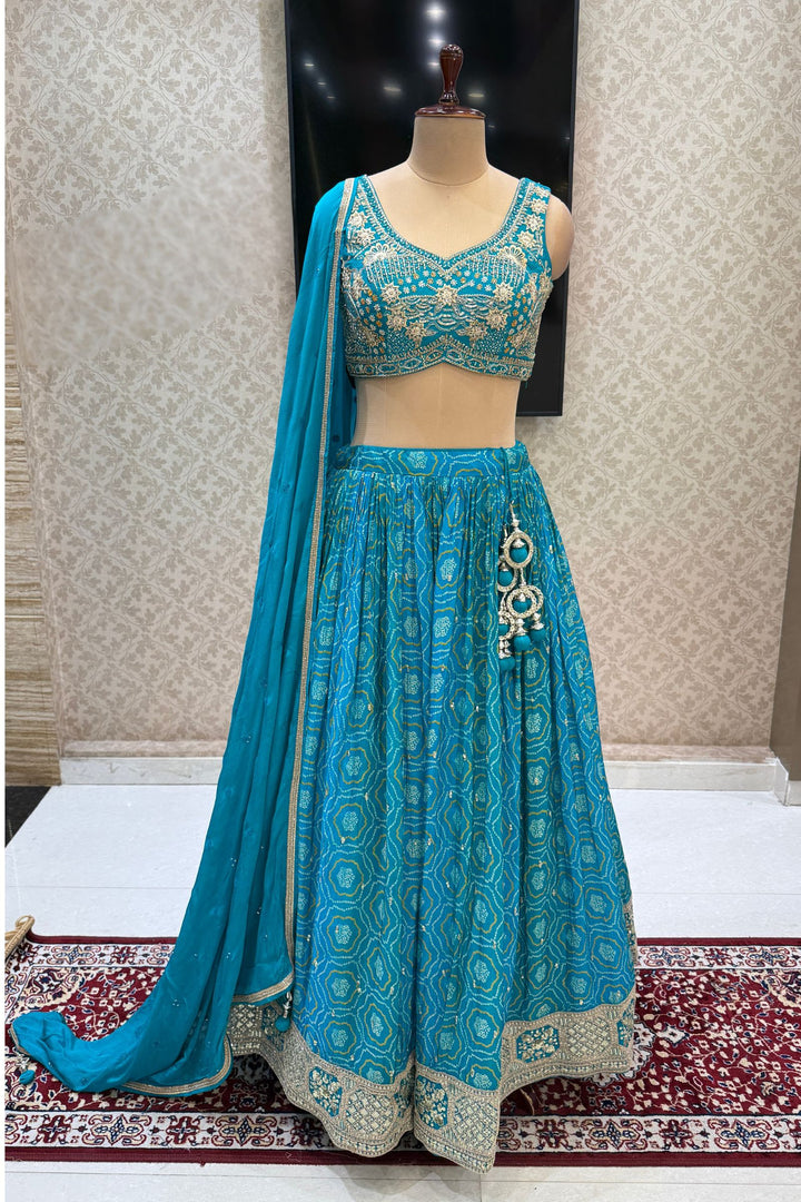 Rama Blue Stone, Zardozi, Sequins and Mirror work with Bandini Print Crop Top Lehenga
