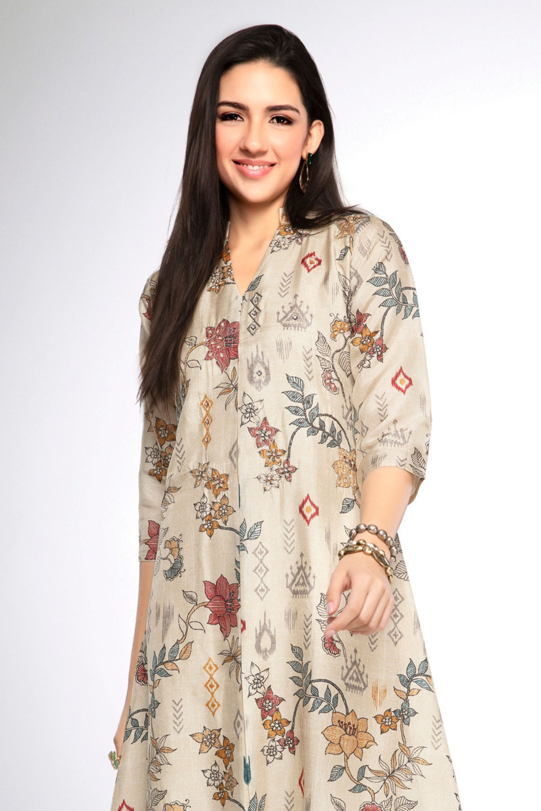 Beige Zari, Zardozi, Beads and Sequins work with Floral Print A-line Cut Calf Length Kurti