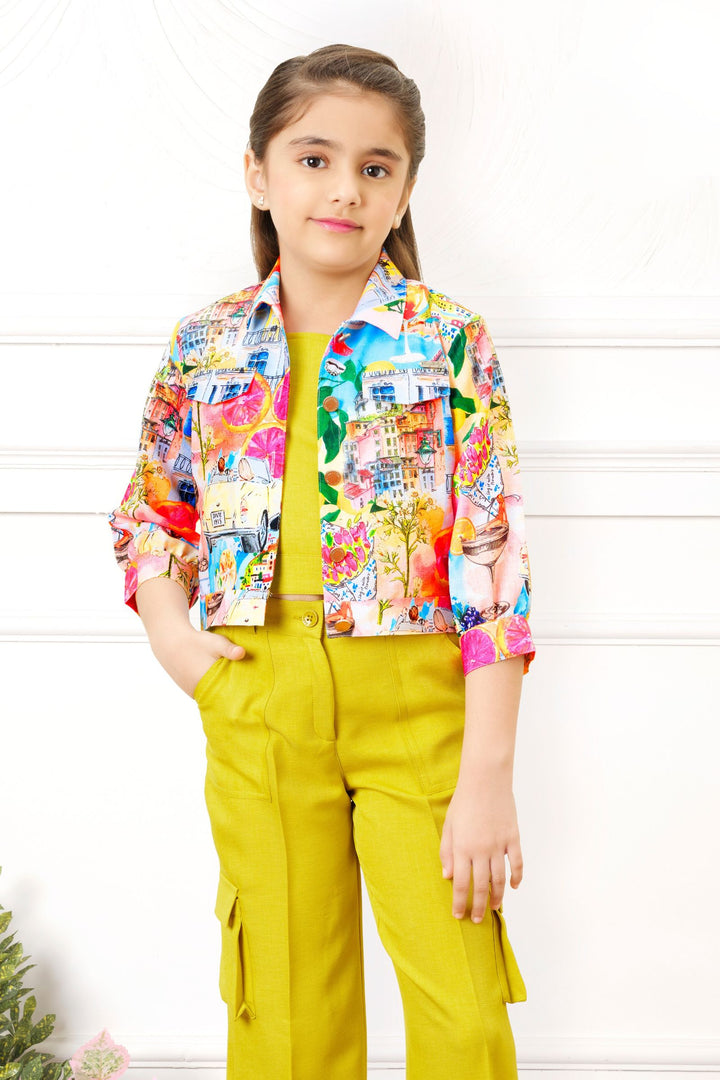Neon Yellow with Multicolor Digital Print Jacket Styled Co-ord Set for Girls