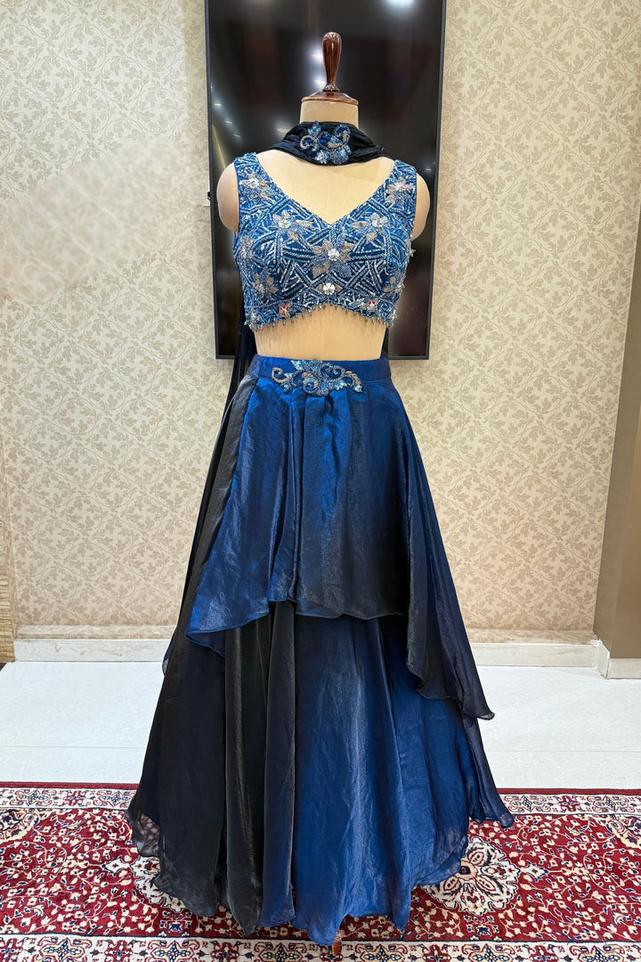 Peacock Blue Mirror, Beads and Sequins work Crop Top Lehenga