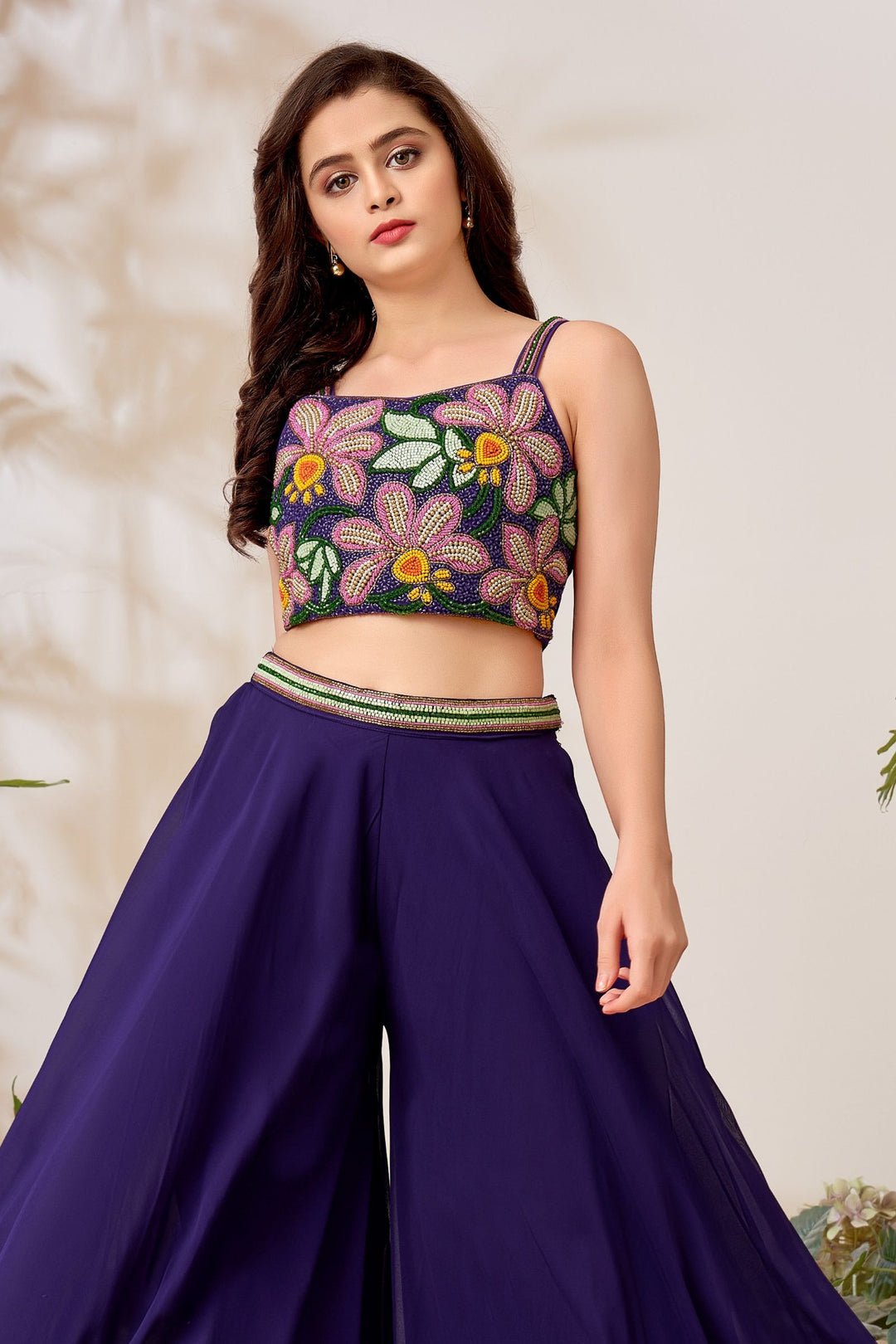 Purple Multicolor Beads work Palazzo Suit Set for Girls