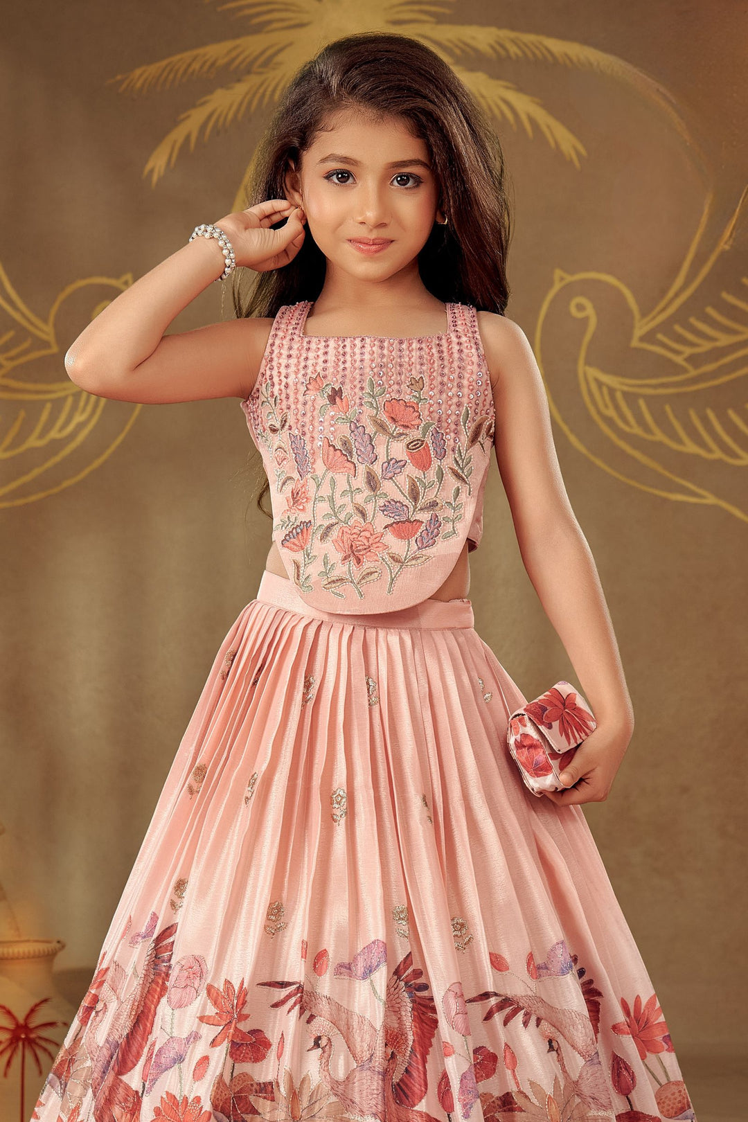 Light Peach Multicolor Embroidery work with Digital Print Lehenga Choli for Girls