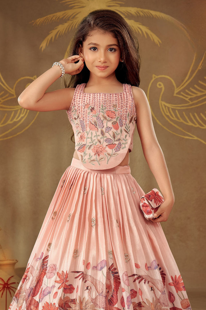 Light Peach Multicolor Embroidery work with Digital Print Lehenga Choli for Girls