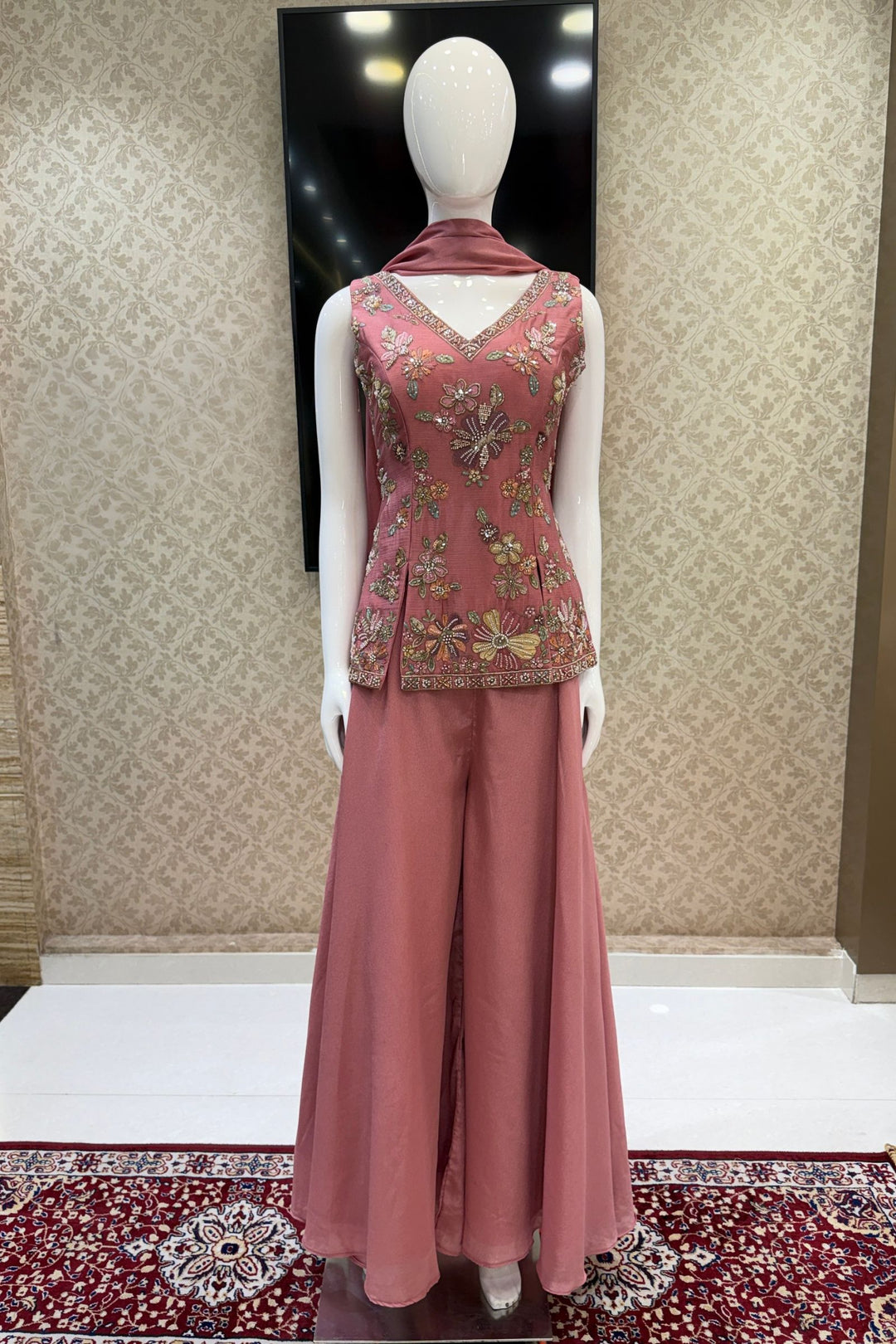 Onion Pink Palazzo Set Featuring All-Over Multicolor Embroidery, Beads, Sequins and Zari